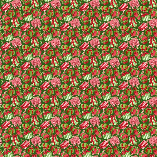 [NDP28166-76] Vintage Christmas - Presents - Dark Green Multi